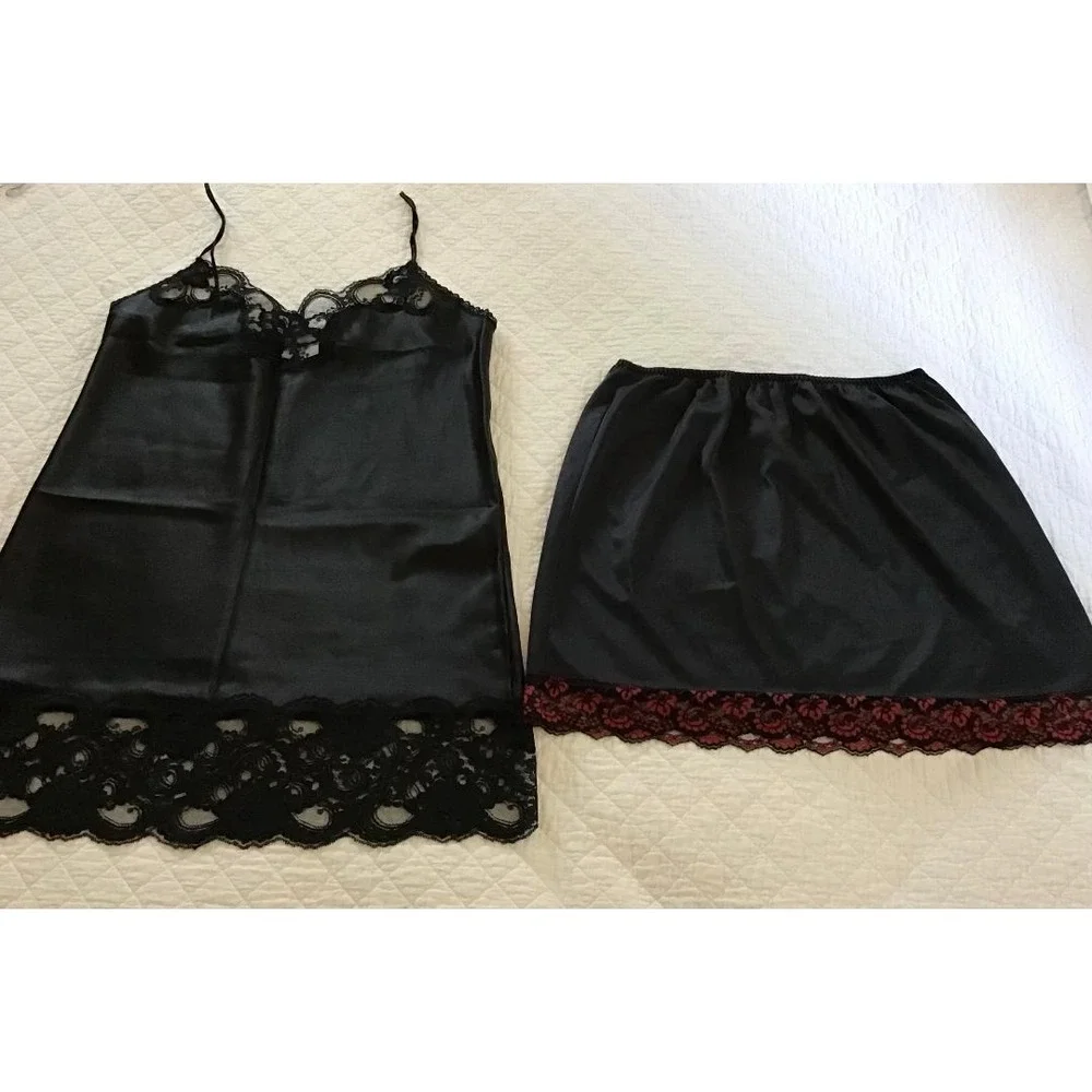 VTG 80's Black Satin Lace Trim Sz L Nightgown Lingerie + Ashley Taylor Half Slip
